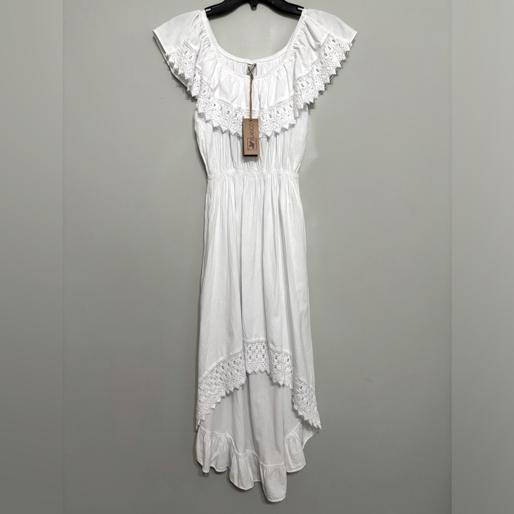 Blanco Crochet White Sleeveless Hi Lo Dress Off The Shoulder NWT
